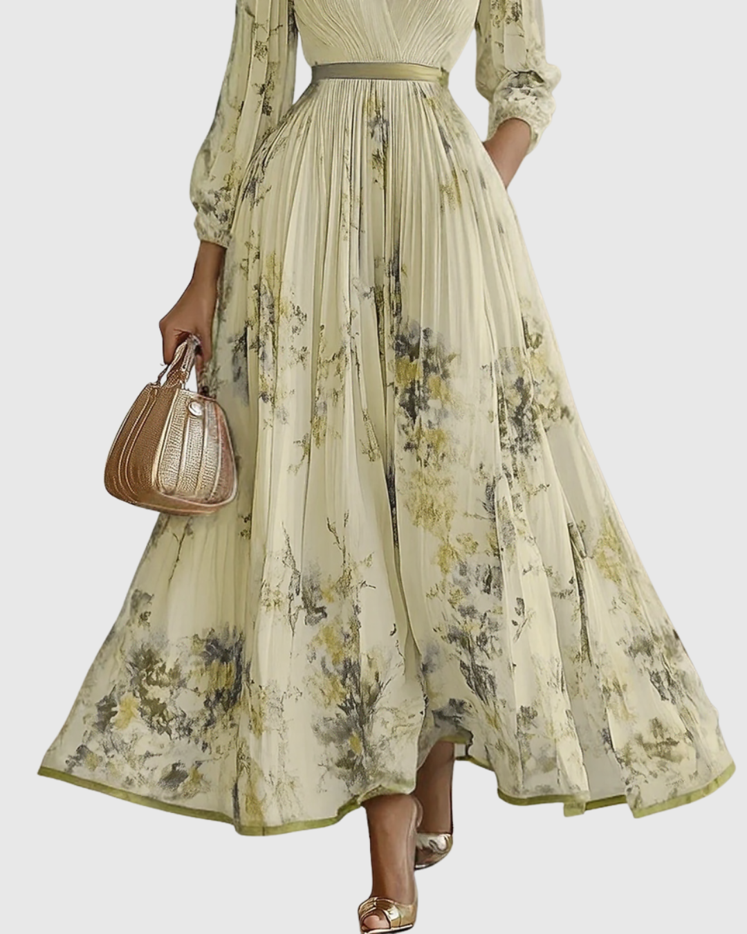 Robe maxi plissée pour femme avec manches longues – col en V floral et coupe évasée