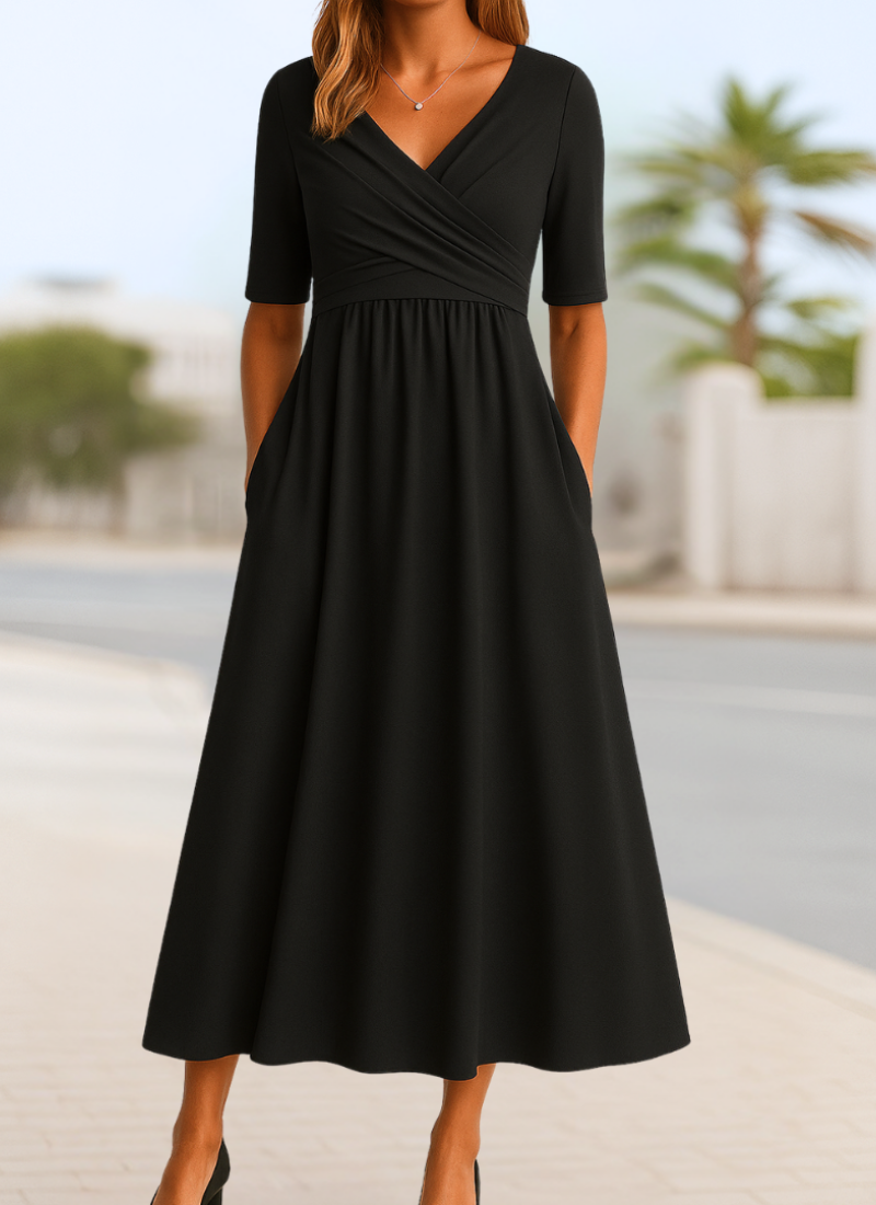 Robe midi portefeuille pour femme – Col en V flatteur avec manches courtes