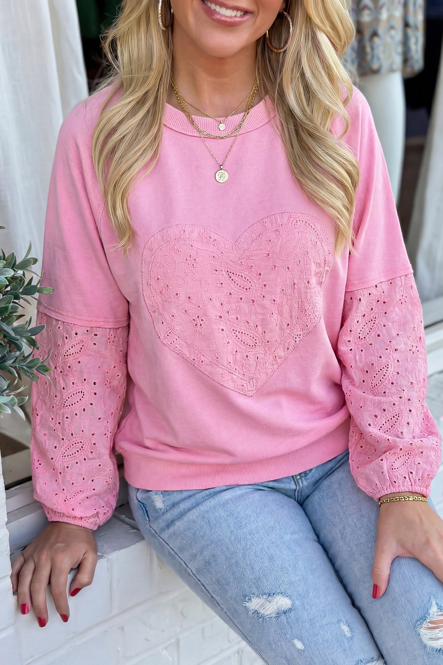 Top patchwork Rosa s motivem Paisley, Valentýnská srdce a anglická výšivka s dlouhými rukávy