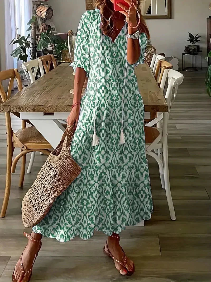 Women's Boho Charm Dress – Elegant Summer Dress with Ruffles, V-Neck, and Ikat Pattern
