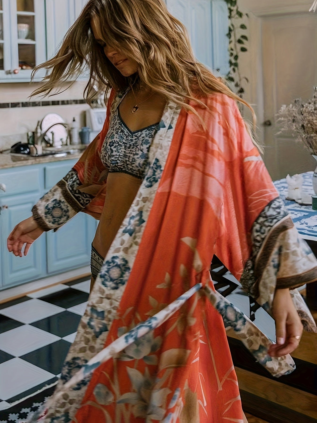Abito Lungo Boho da Donna con Stampa Etnica e Maniche Lunghe