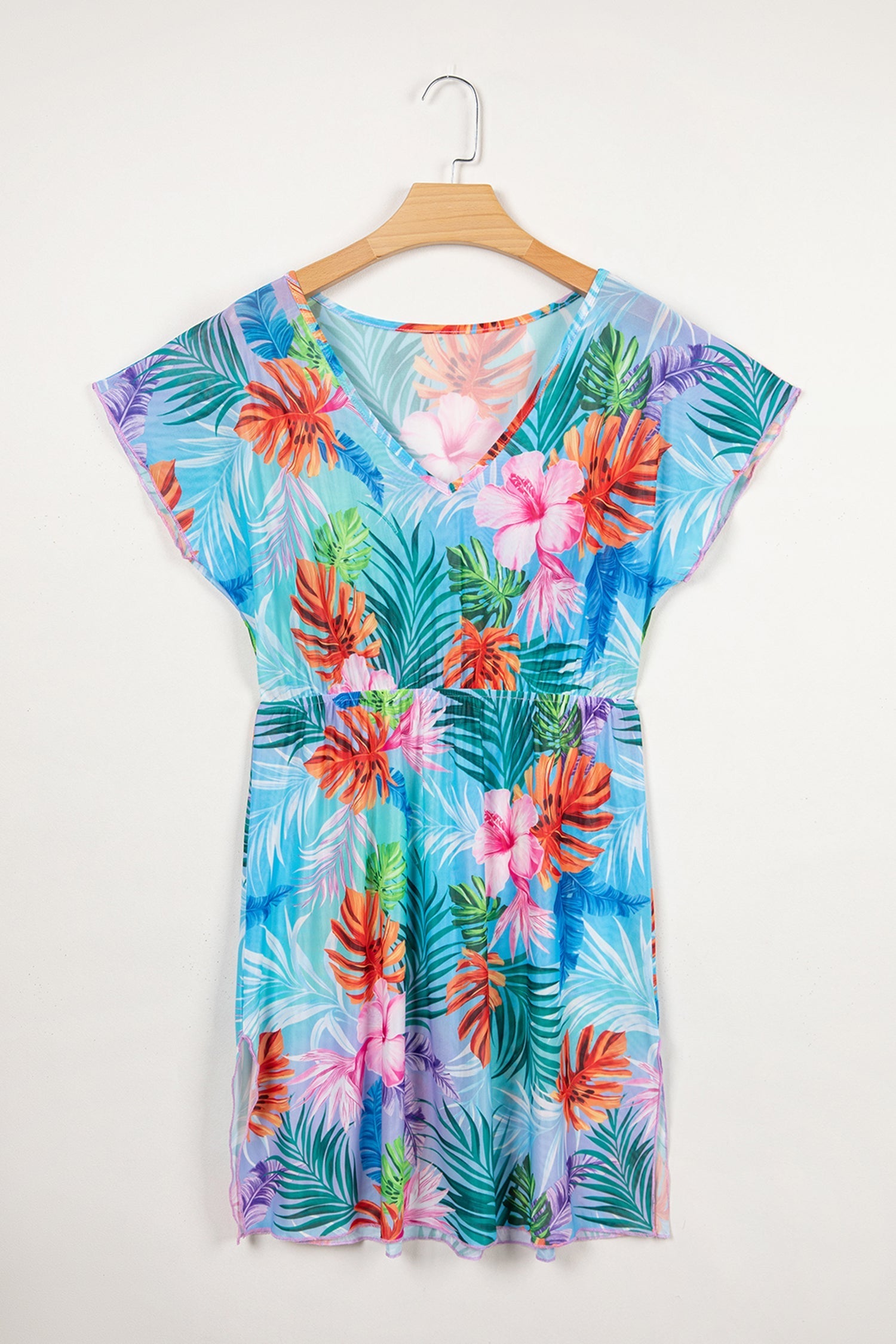 Vestito Copricostume da Spiaggia Semitrasparente con Scollo a V e Stampa Tropicale Celeste