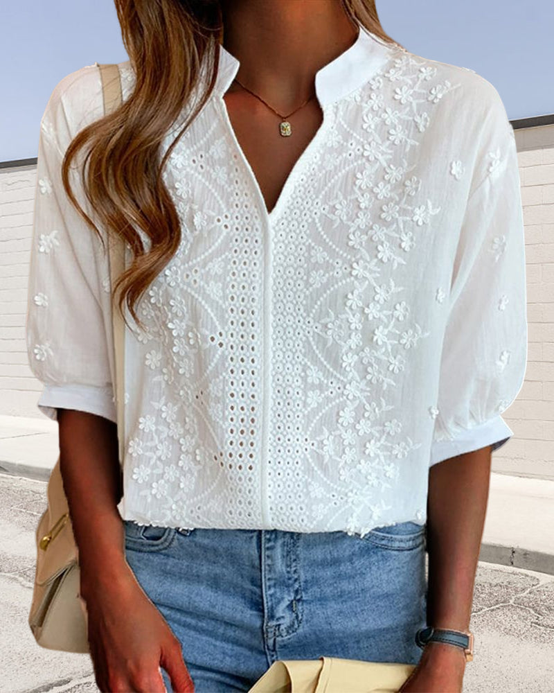 Women's Blouse Amélie – V-Neck Top with Puff Sleeves, Cotton Blend and Patchwork Details