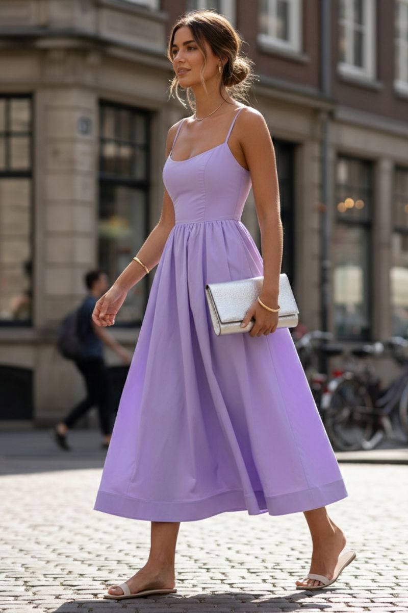Vestido Midi Feminino com Alças Finas e Saia Evasê