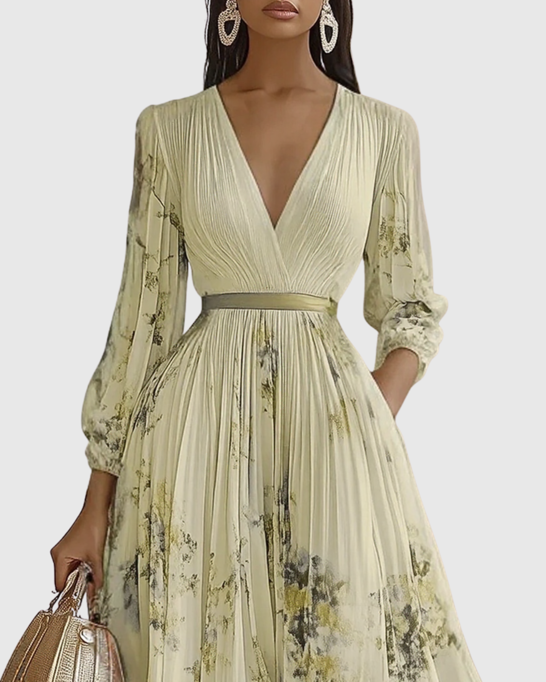 Robe maxi plissée pour femme avec manches longues – col en V floral et coupe évasée