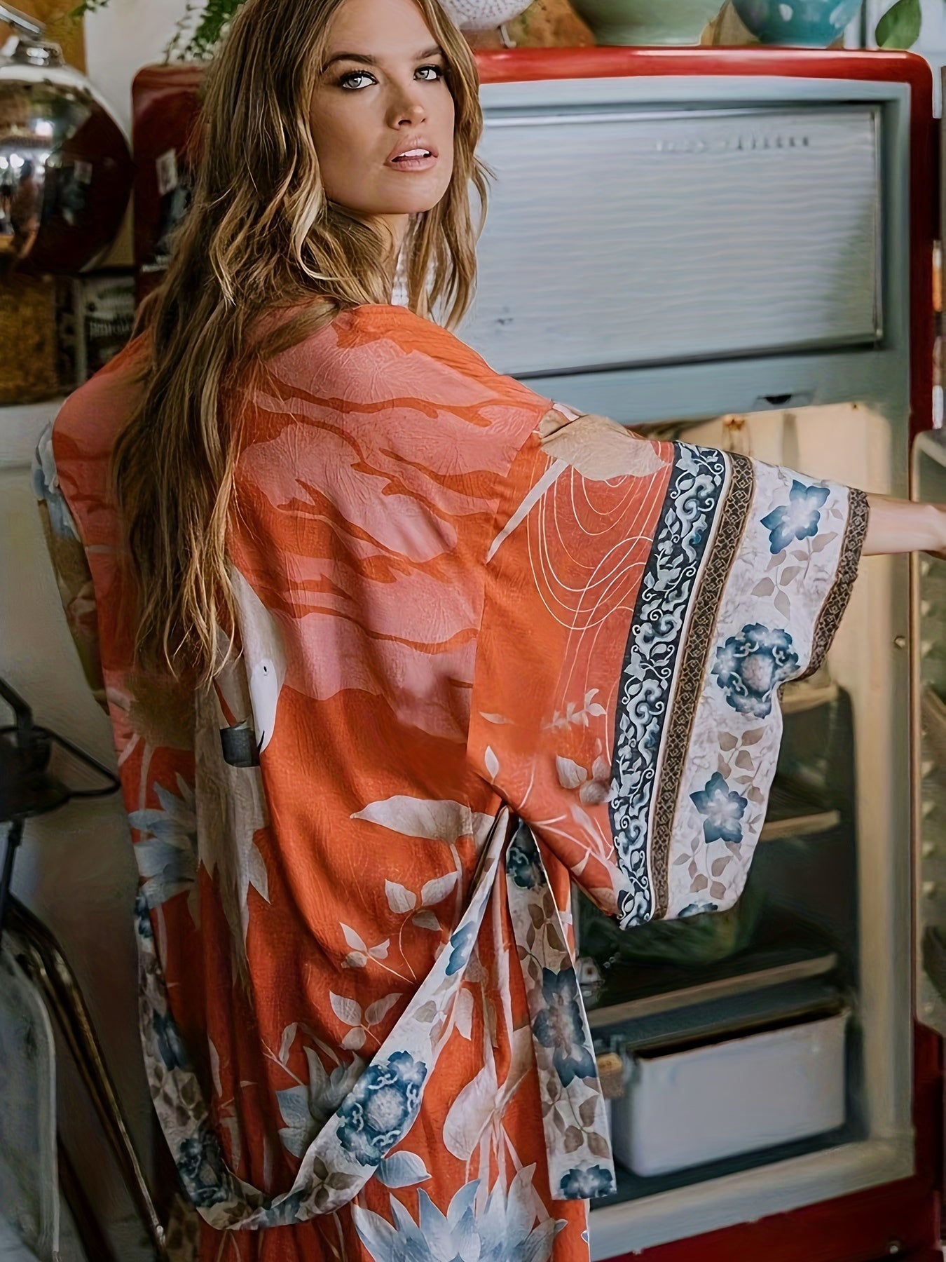 Abito Lungo Boho da Donna con Stampa Etnica e Maniche Lunghe
