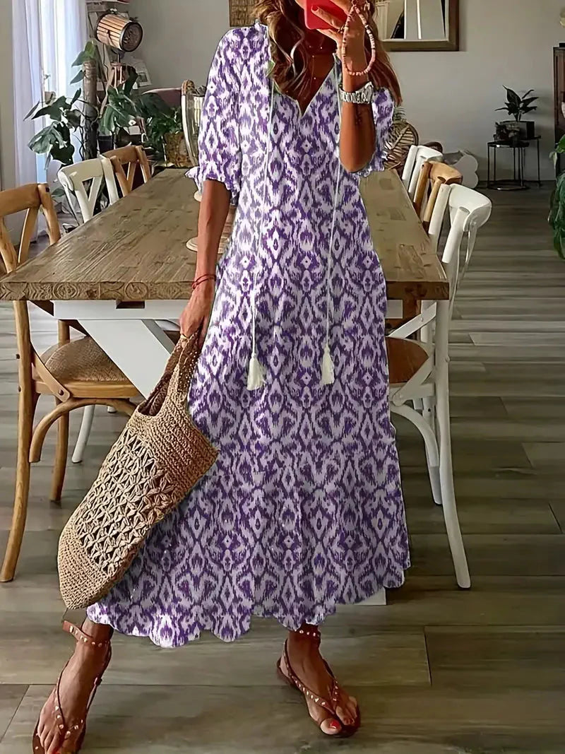 Women's Boho Charm Dress – Elegant Summer Dress with Ruffles, V-Neck, and Ikat Pattern