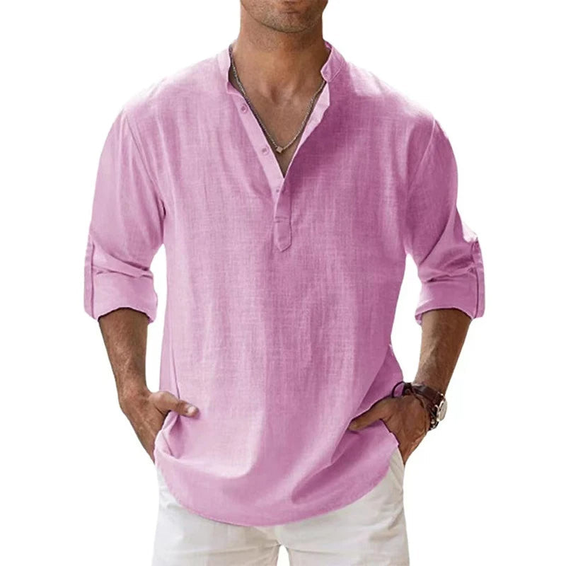 Camicia Henley in Lino da Uomo Vestibilità Comoda Top Estivo con Bottoni