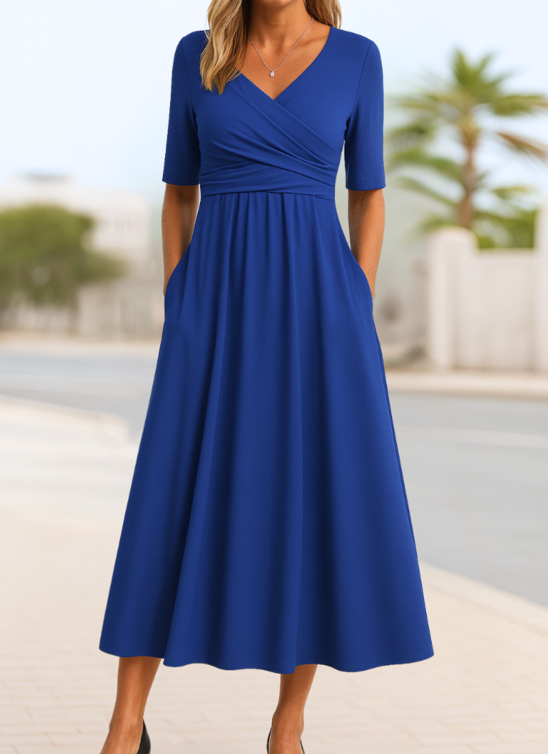 Robe midi portefeuille pour femme – Col en V flatteur avec manches courtes