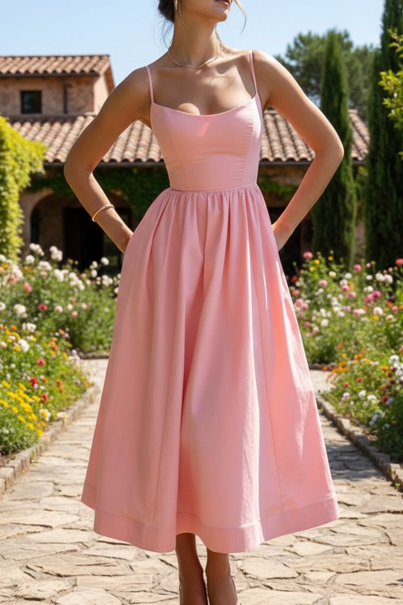 Vestido Midi Feminino com Alças Finas e Saia Evasê