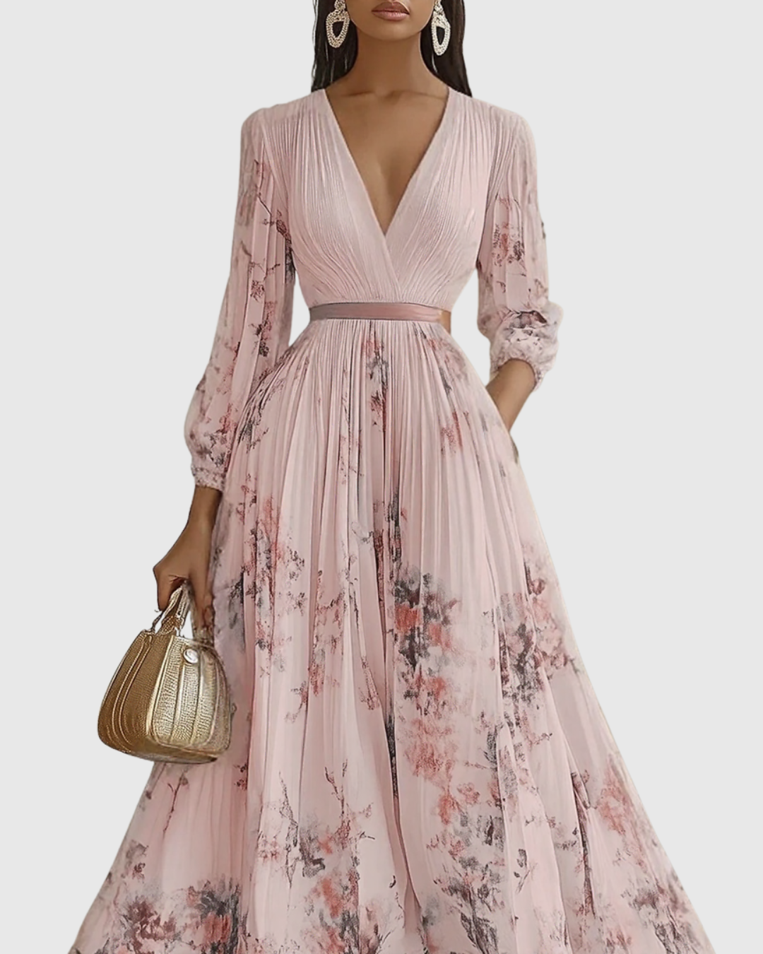 Robe maxi plissée pour femme avec manches longues – col en V floral et coupe évasée