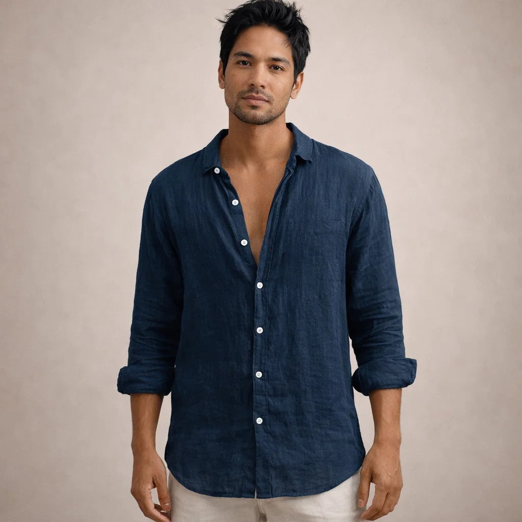 Camisa de Homem em Linho Corte Regular com Botões