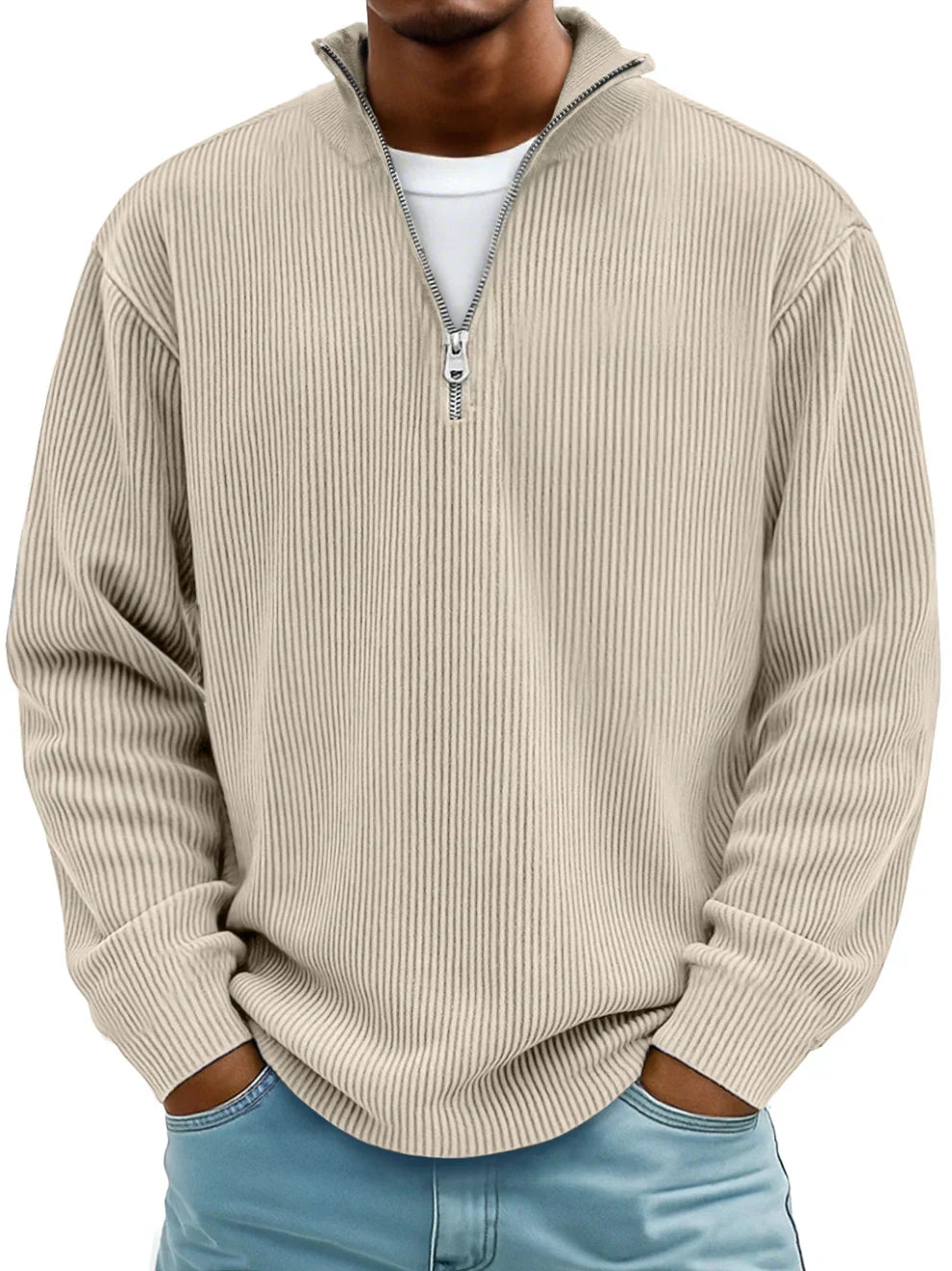 Pull pour homme avec col zippé et tissu côtelé