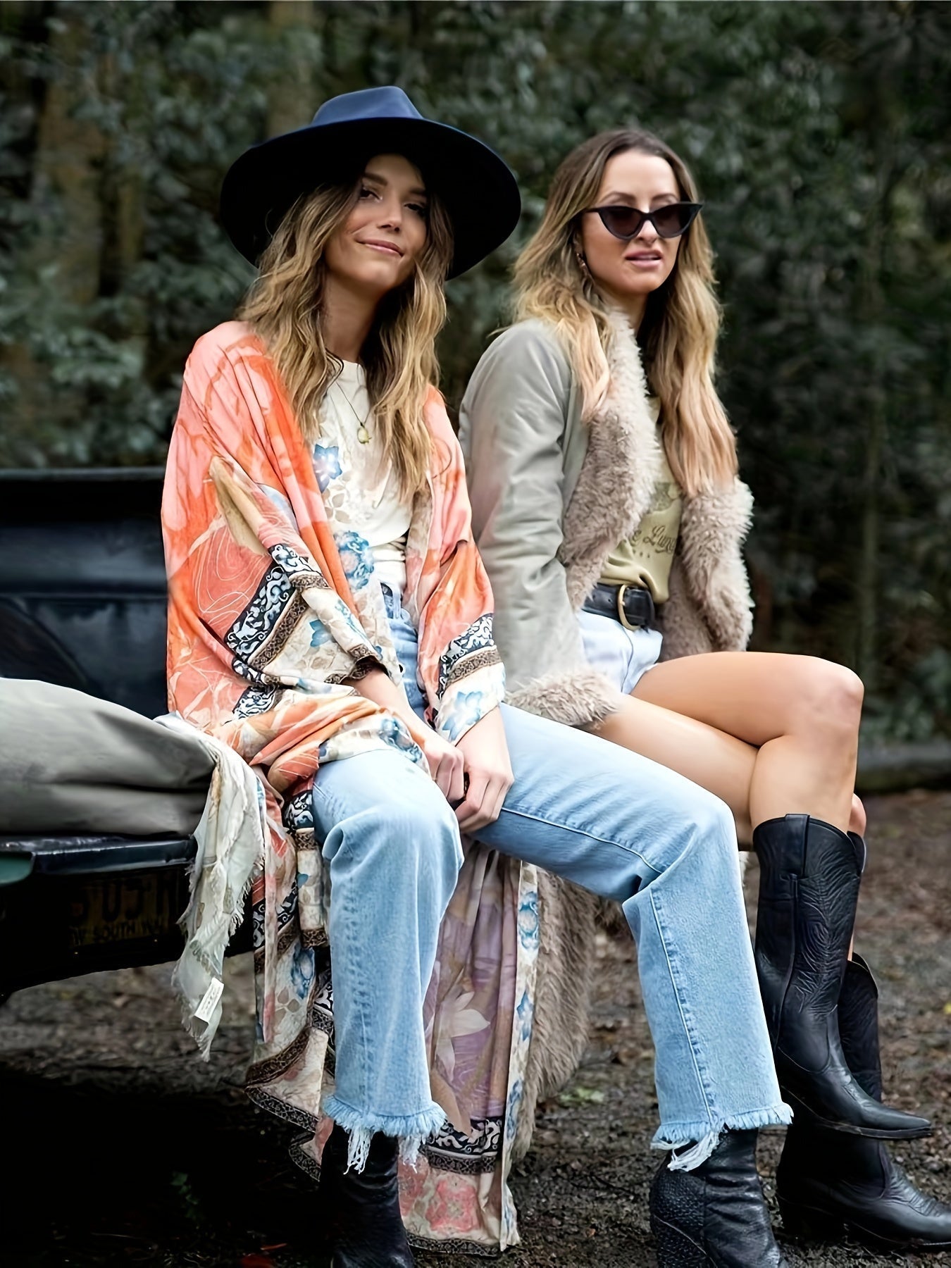 Abito Lungo Boho da Donna con Stampa Etnica e Maniche Lunghe