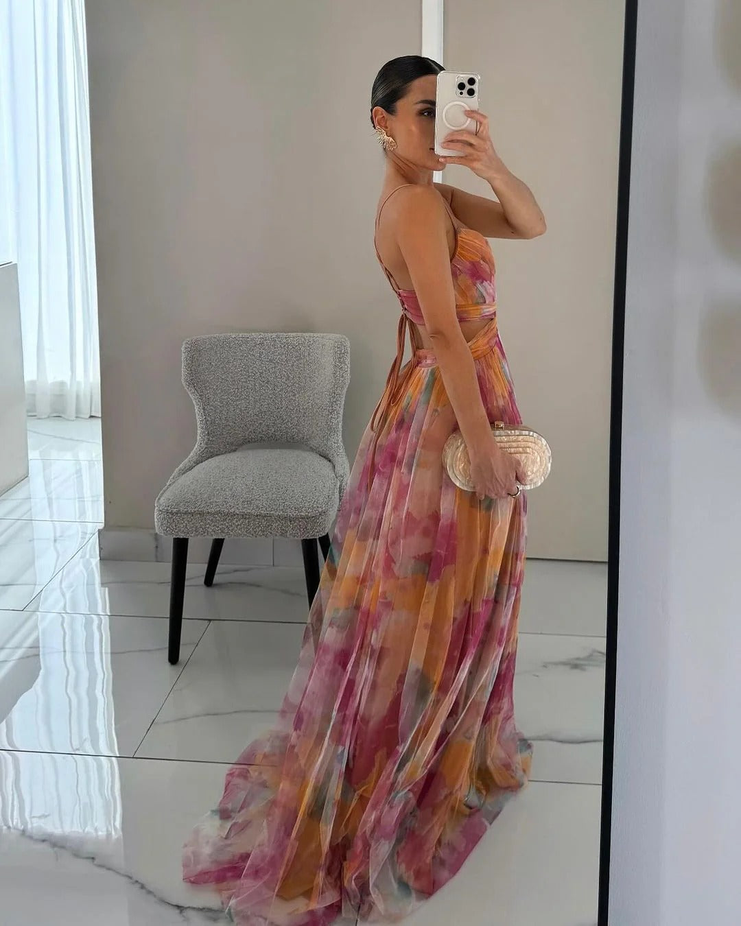 Robe longue pour femme Bella – Robe d'été fleurie avec fermeture réglable et silhouette fluide
