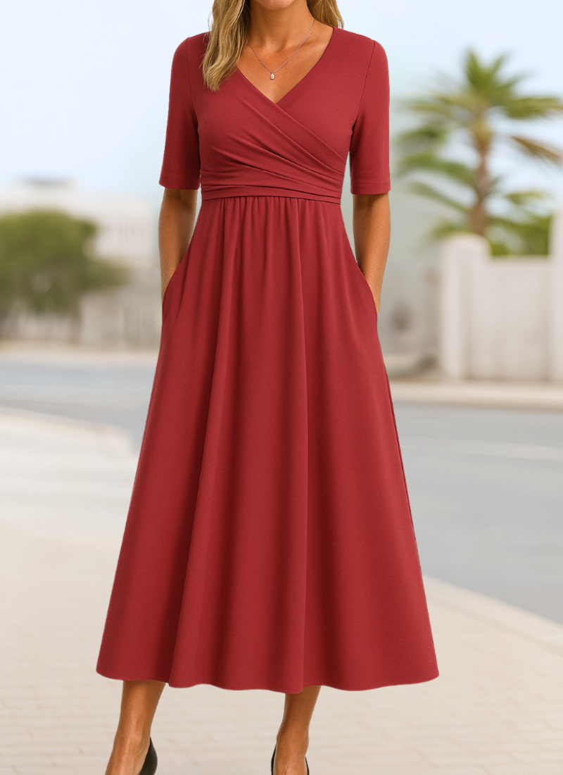 Robe midi portefeuille pour femme – Col en V flatteur avec manches courtes