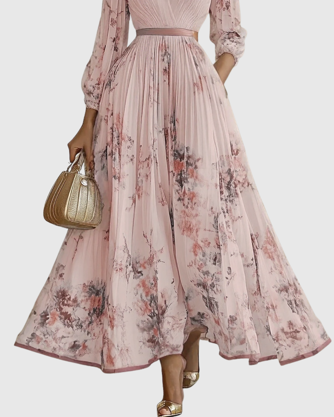 Robe maxi plissée pour femme avec manches longues – col en V floral et coupe évasée