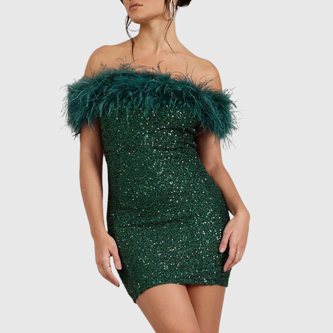 Abito Corto da Sera con Paillettes e Scollo Bardot da Donna