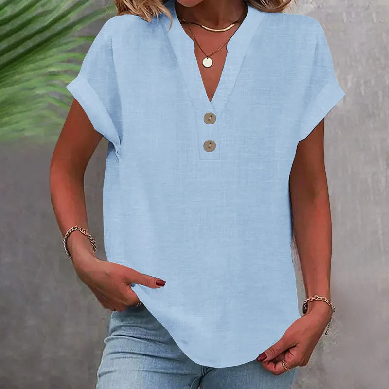 Loose Summer Blouse with V-Neck and Buttons – Short Sleeve and Timeless