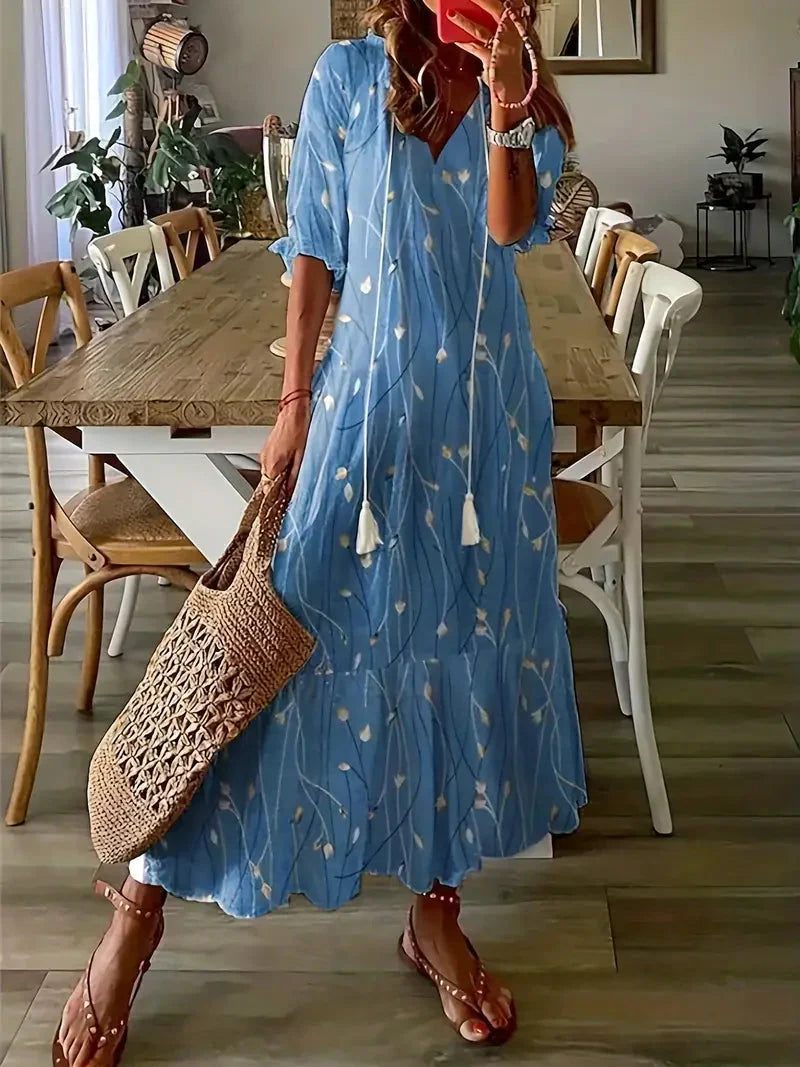 Women's Boho Charm Dress – Elegant Summer Dress with Ruffles, V-Neck, and Ikat Pattern