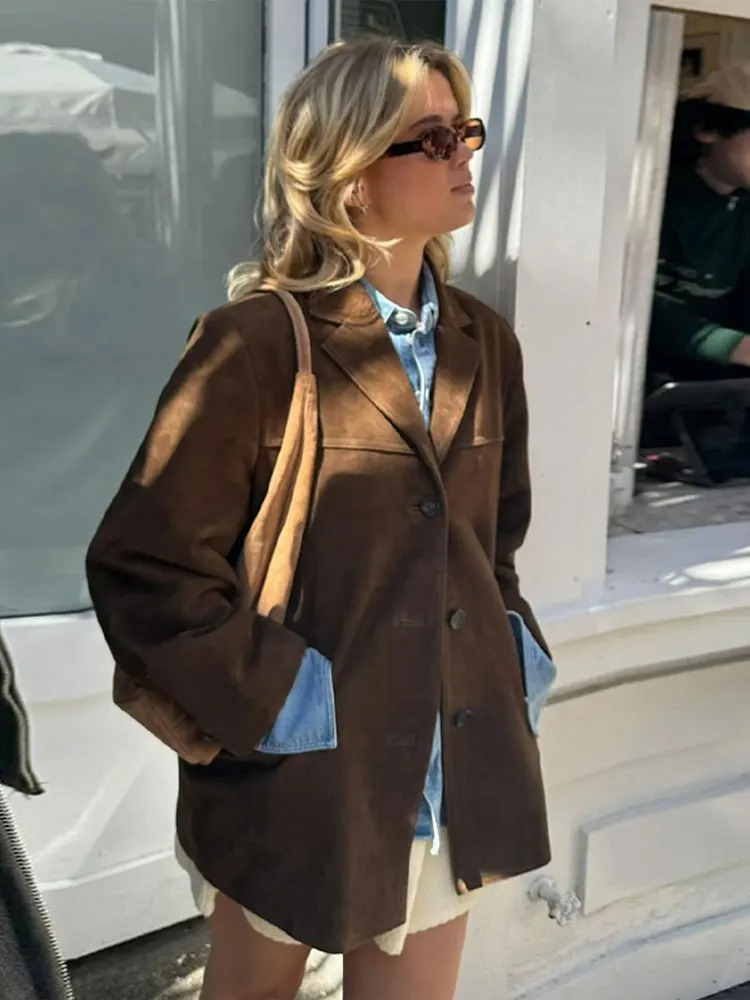 Elegáns barna oversize velúr bőr blézer dzseki