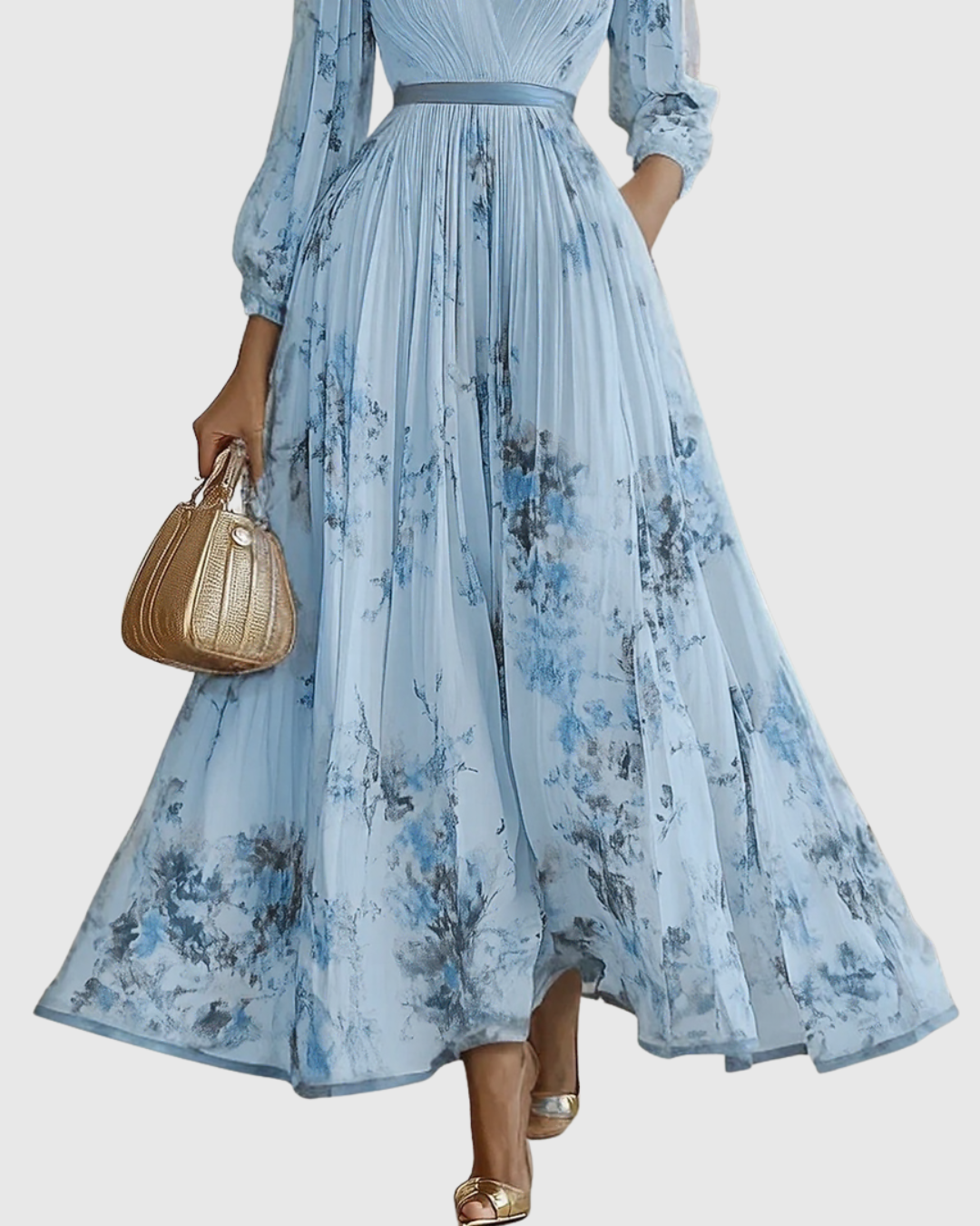 Robe maxi plissée pour femme avec manches longues – col en V floral et coupe évasée