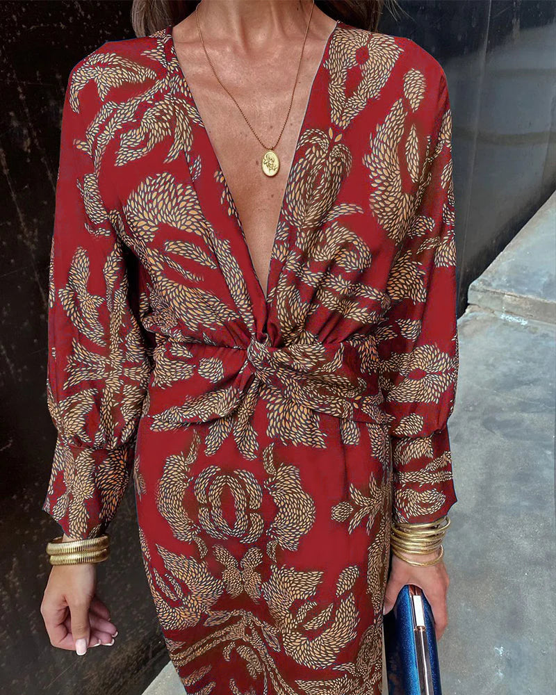 Midi Wrap Dress with Botanical Print