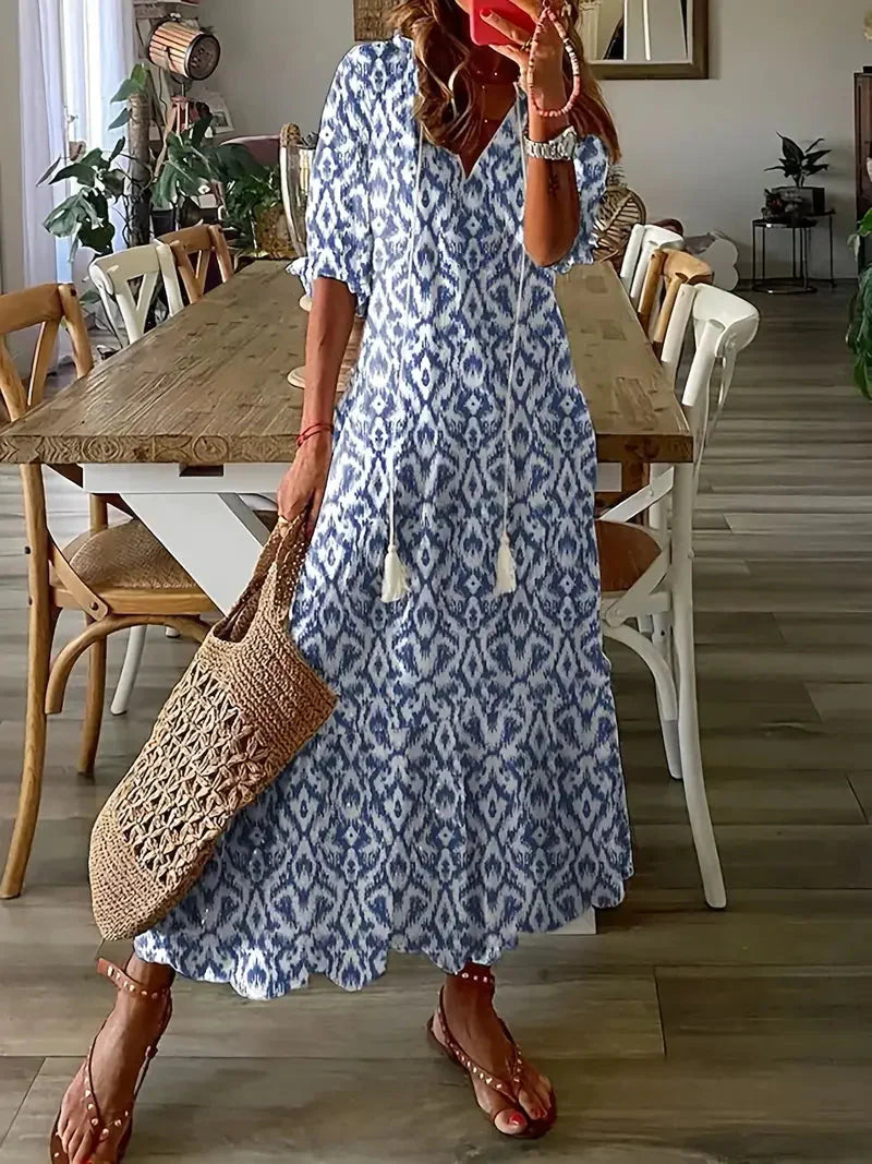 Women's Boho Charm Dress – Elegant Summer Dress with Ruffles, V-Neck, and Ikat Pattern