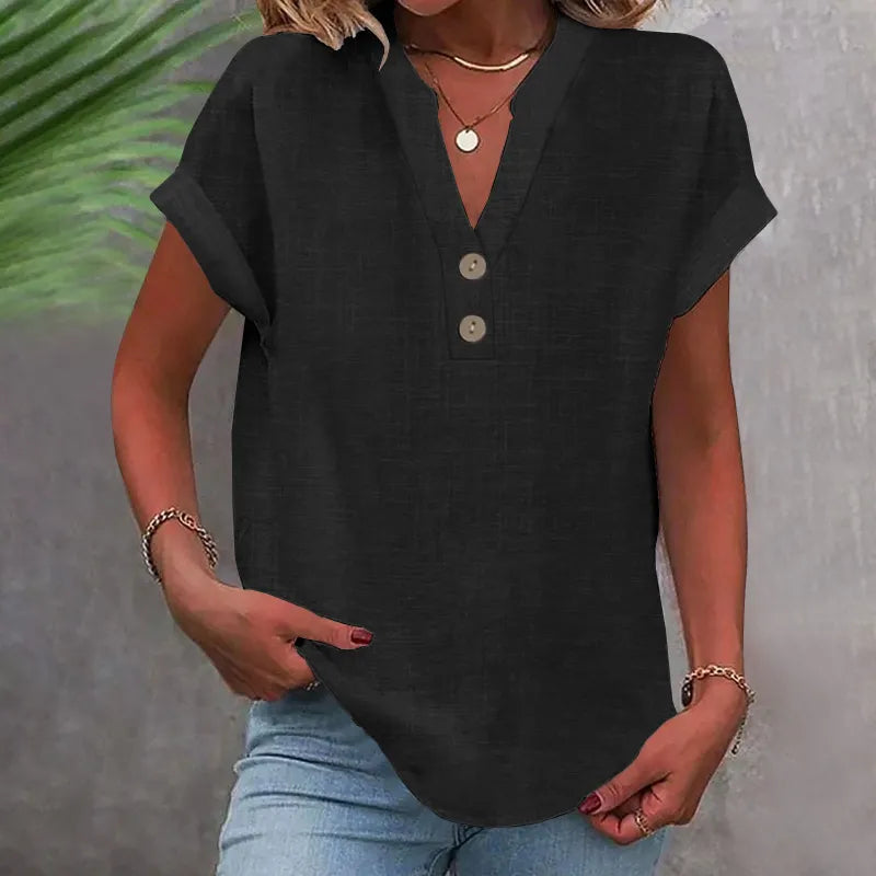 Loose Summer Blouse with V-Neck and Buttons – Short Sleeve and Timeless