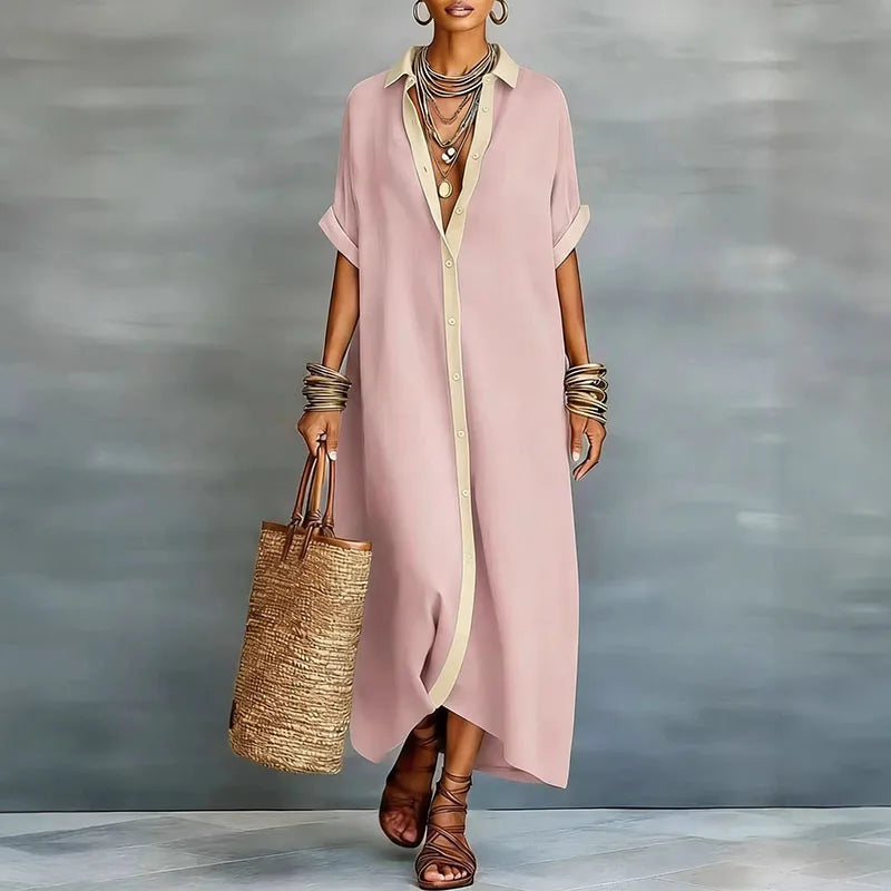 Women's Long Shirt Dress with Collar and Short Sleeves