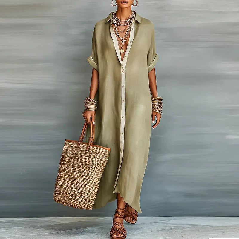 Women's Long Shirt Dress with Collar and Short Sleeves