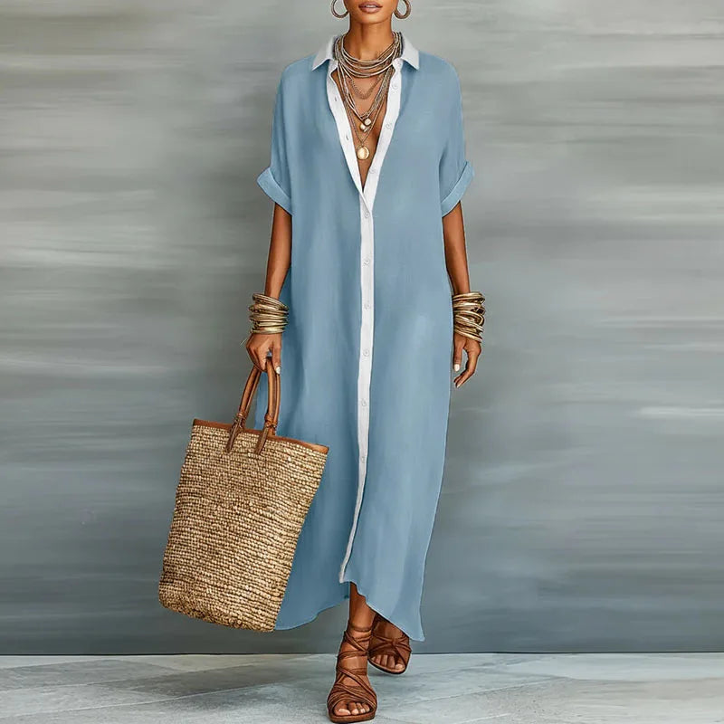 Women's Long Shirt Dress with Collar and Short Sleeves