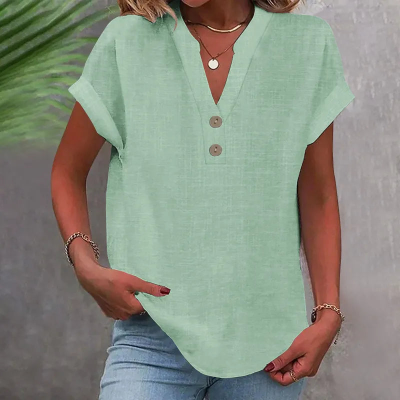 Loose Summer Blouse with V-Neck and Buttons – Short Sleeve and Timeless
