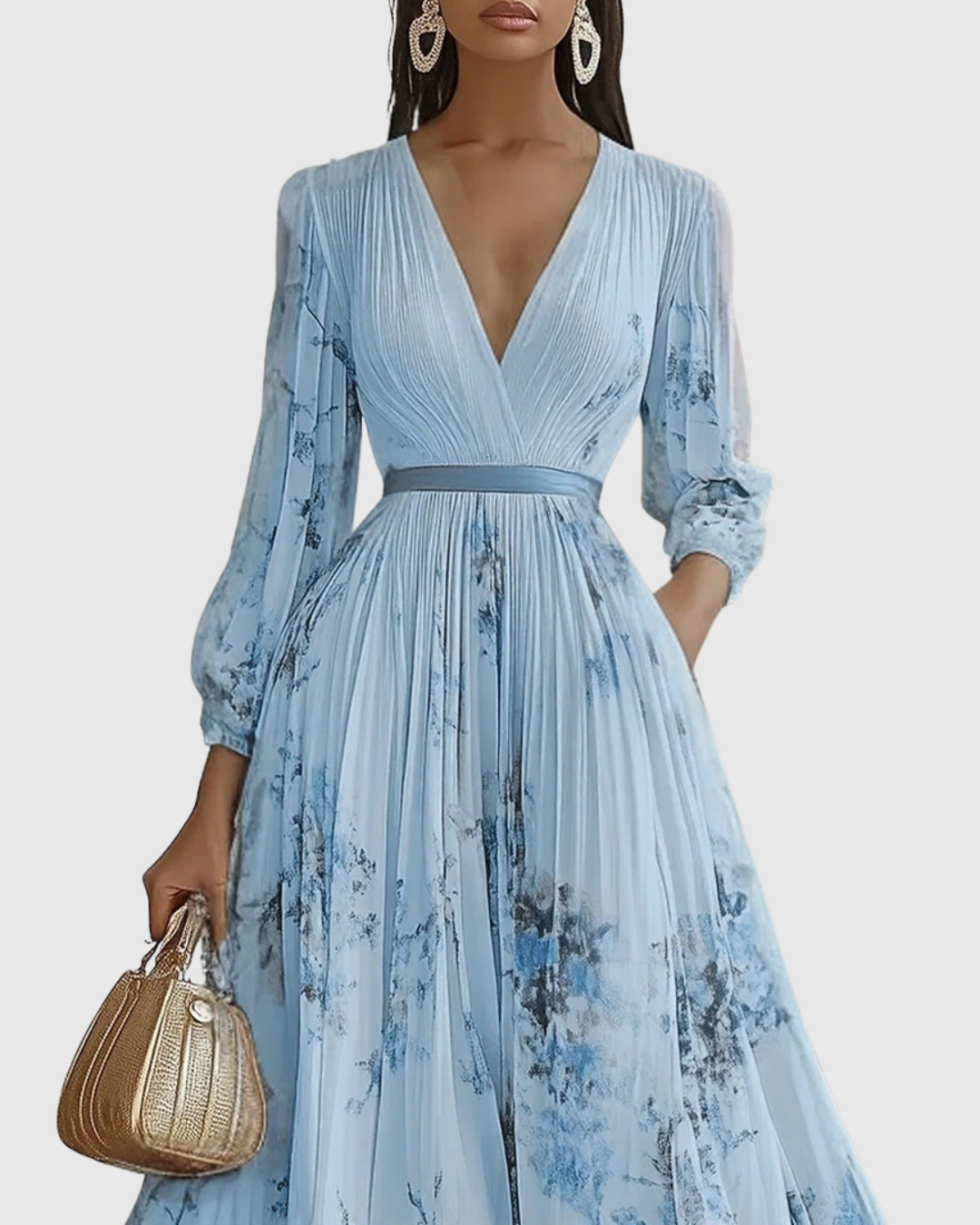 Robe maxi plissée pour femme avec manches longues – col en V floral et coupe évasée