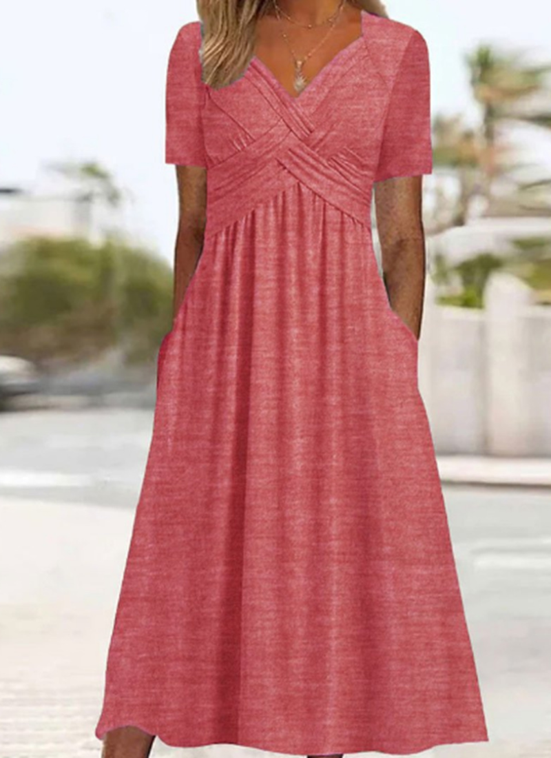 Robe midi portefeuille pour femme – Col en V flatteur avec manches courtes