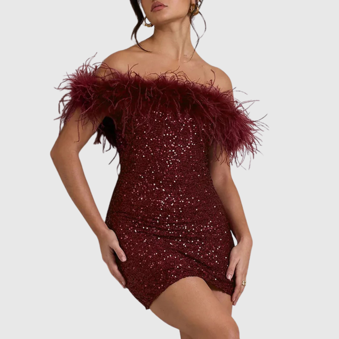 Abito Corto da Sera con Paillettes e Scollo Bardot da Donna