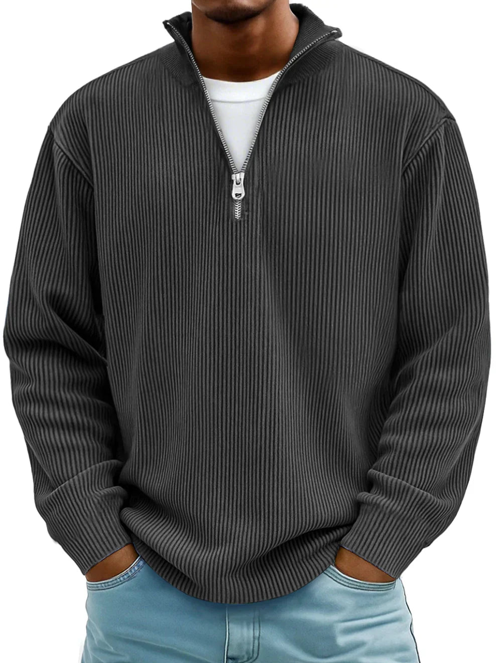 Pull pour homme avec col zippé et tissu côtelé