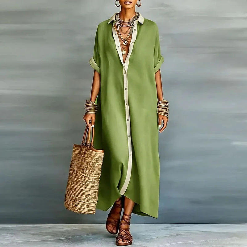Women's Long Shirt Dress with Collar and Short Sleeves