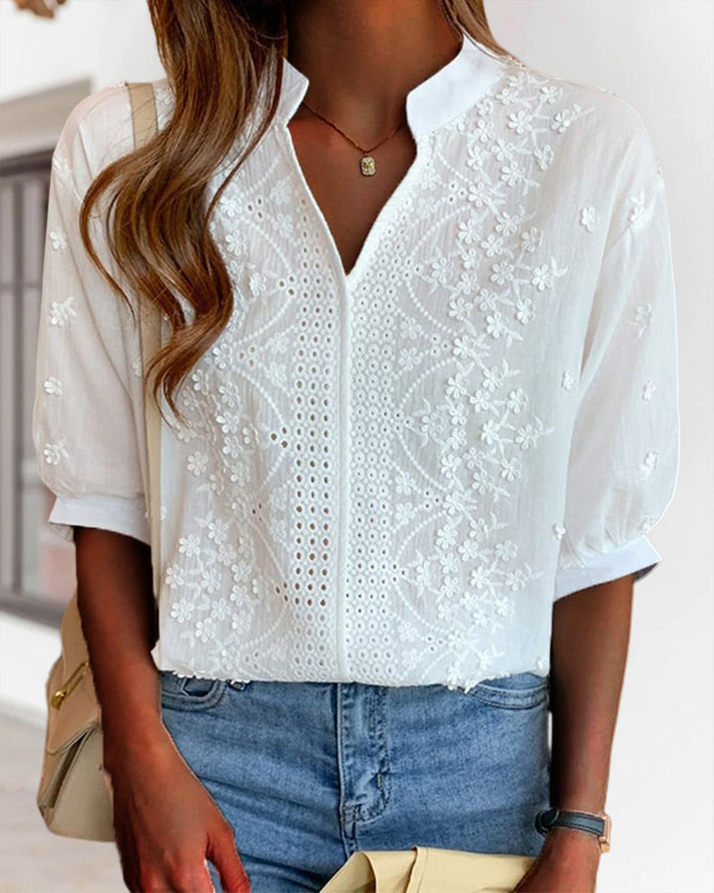 Blouse pour femme – Top avec col en V et manches bouffantes, mélange de coton et détails patchwork