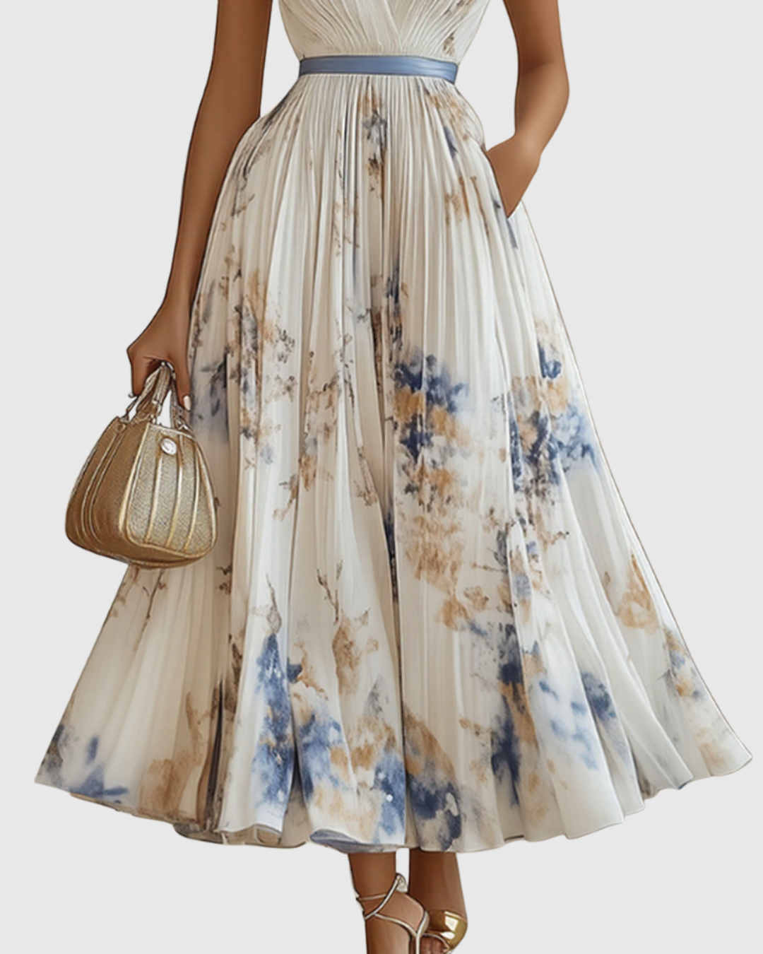 Robe maxi plissée pour femme avec manches longues – col en V floral et coupe évasée
