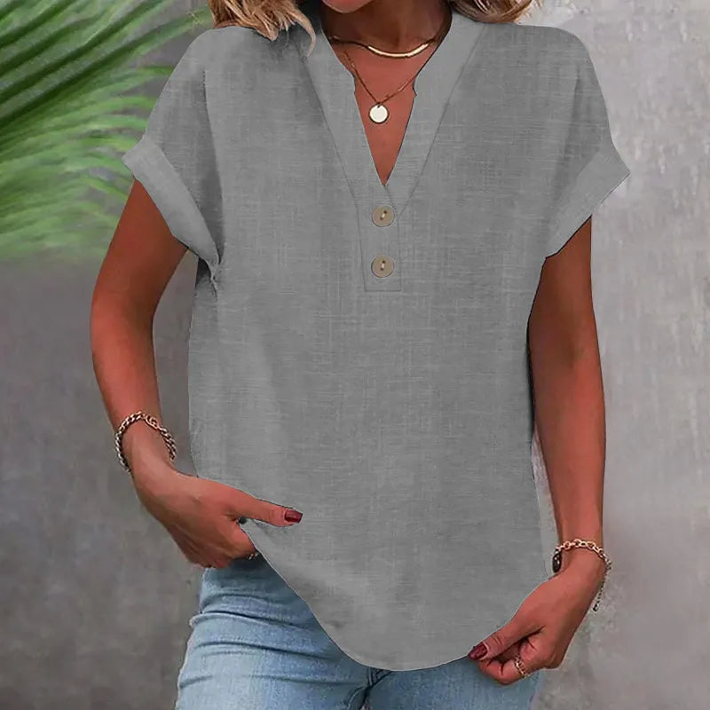 Loose Summer Blouse with V-Neck and Buttons – Short Sleeve and Timeless