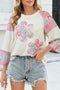 Top a Maniche Lunghe Beige con Patchwork Floreale Retro e Color Block