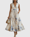 Robe maxi plissée pour femme avec manches longues – col en V floral et coupe évasée