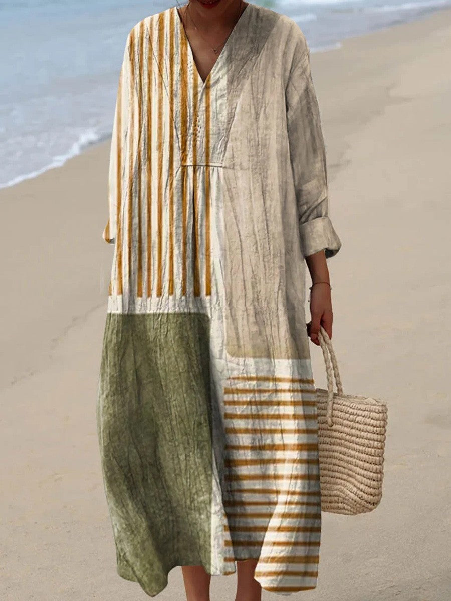 Lang kjole til kvinder i boho-stil med V-hals og lange ærmer
