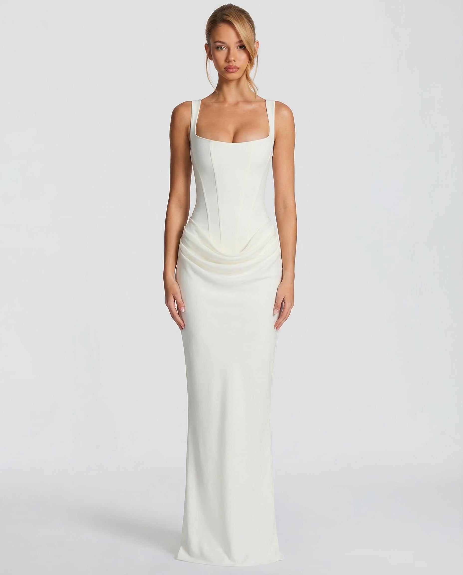 Abito Maxi a Corsetto da Donna con Vita Drappeggiata e Silhouette Scolpita