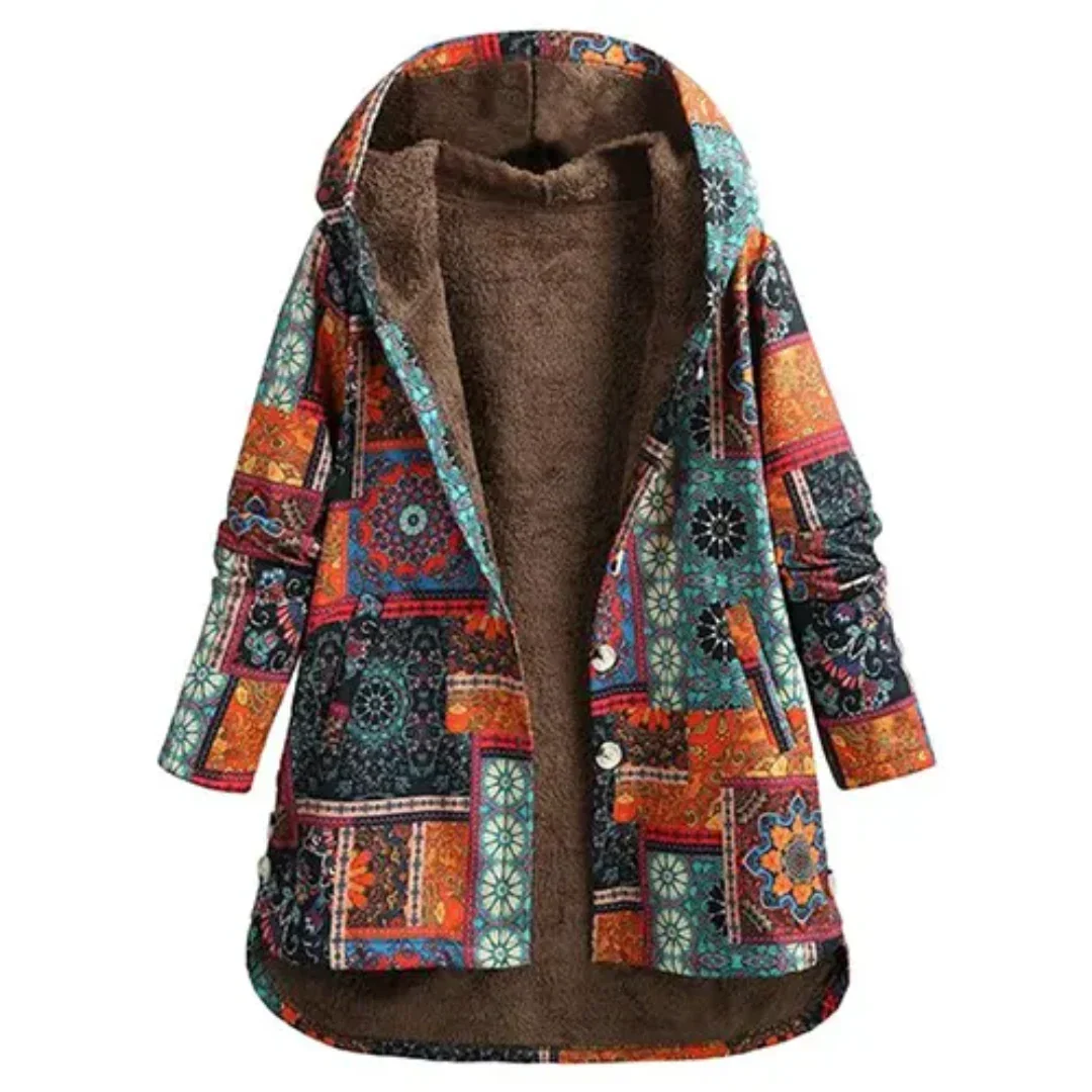 Cappotto Boho Colorato da Donna con Cappuccio Stampato | Caldo e Confortevole