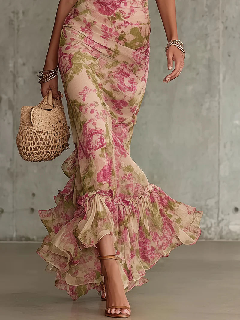 Élégante robe maxi fleurie à manches pour femme