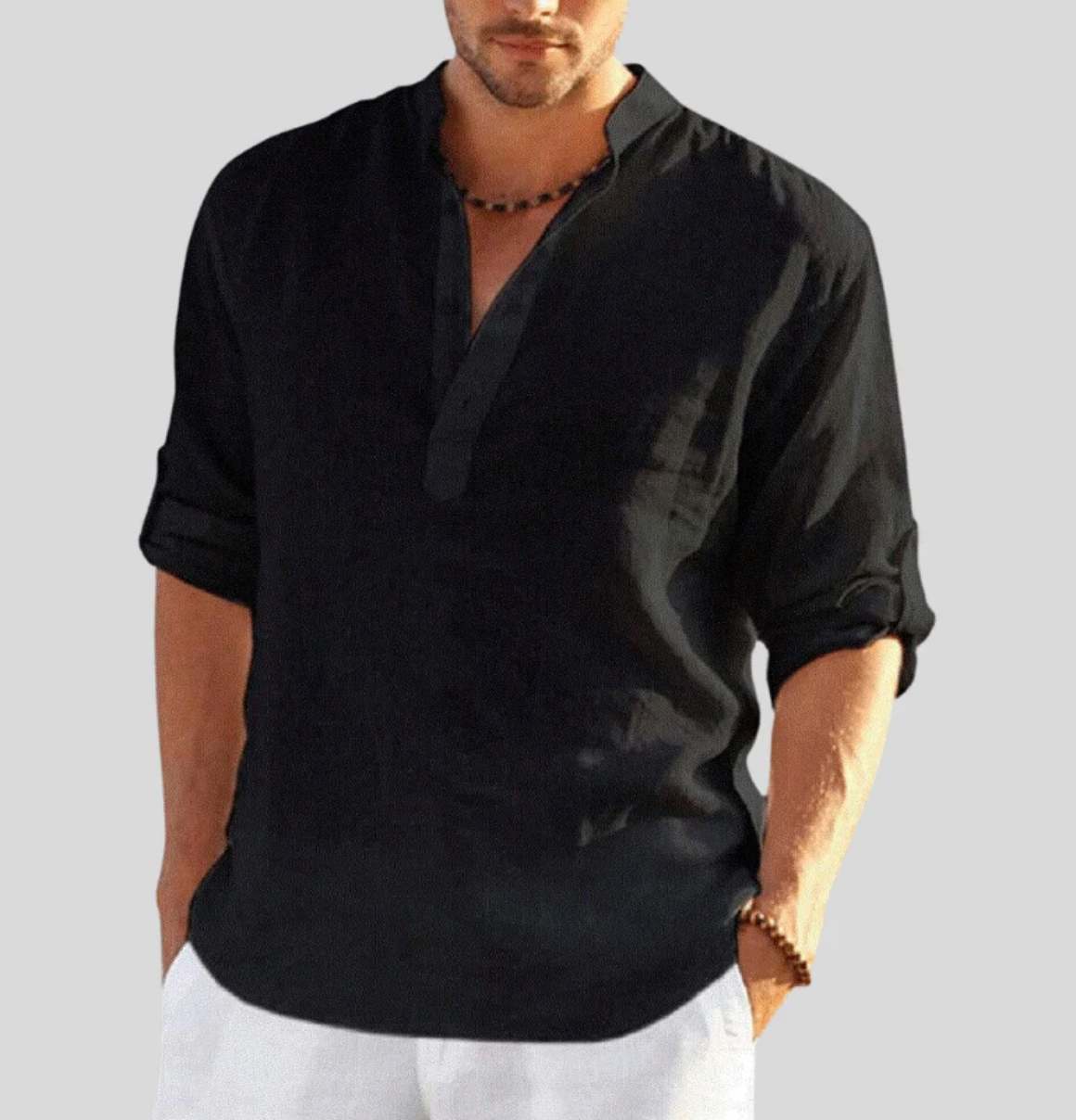 Camisa de lino para hombre Ansel – Camisa de verano transpirable con cierre corto y mangas remangables