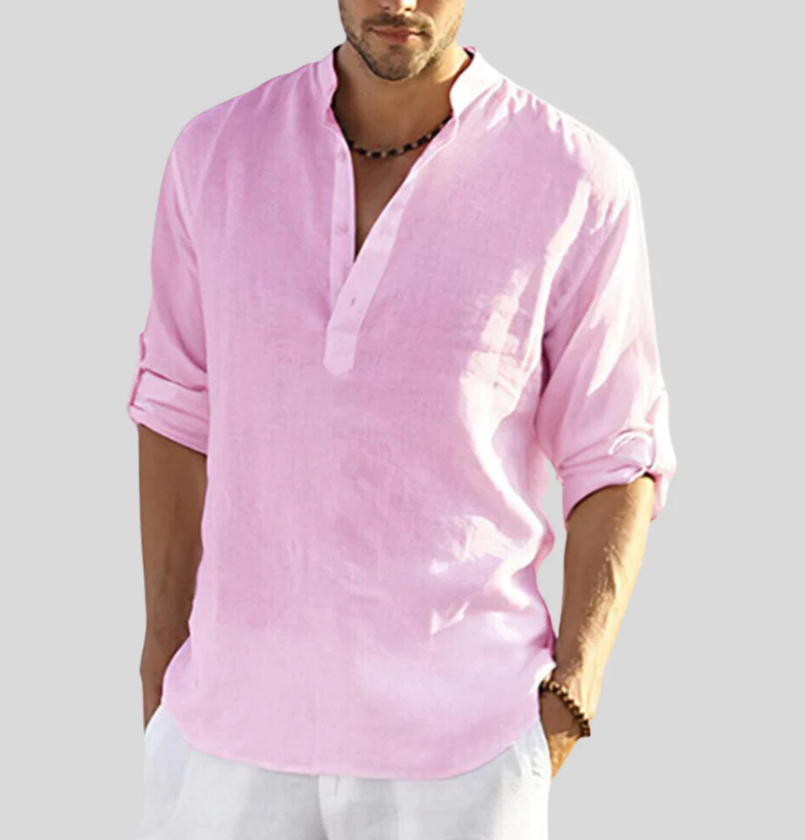 Camisa de lino para hombre Ansel – Camisa de verano transpirable con cierre corto y mangas remangables