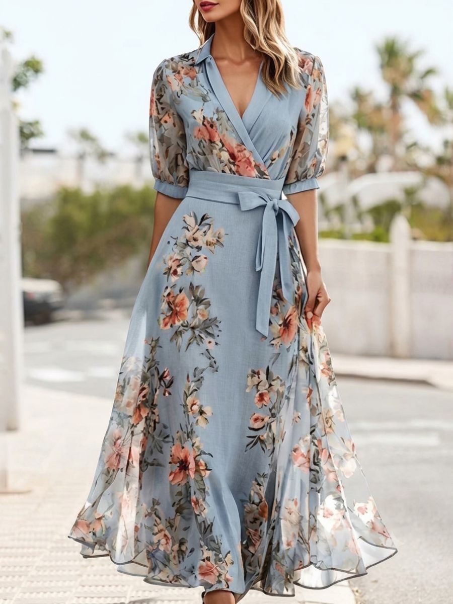 Rochie lungă florală pentru femei cu decolteu în V și curea în talie